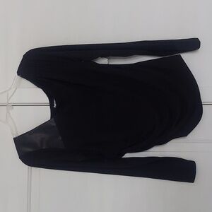 DKNY Black Leather Upper Front Long Sleeve V Neck Top Size L